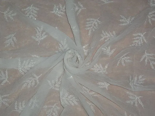 100% Silk Chiffon Fabric Embroidery With White Beads 44"~wide