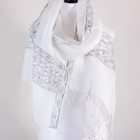 Ethnic Hand-Painted Madhubani Scarf - Linen Wrap | White-Black, Peacock Motifs, 20x80"