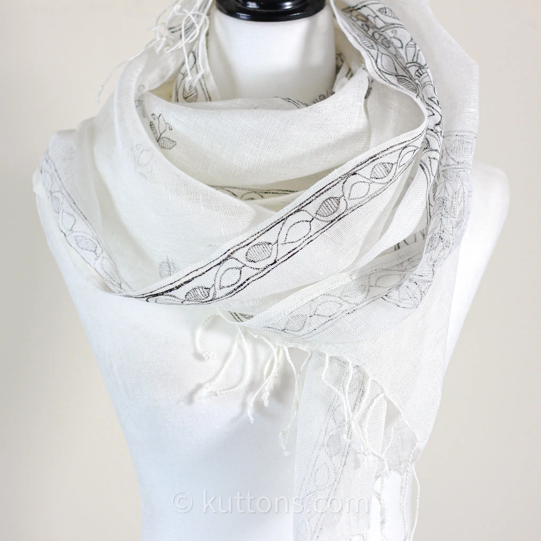 Ethnic Hand-Painted Madhubani Scarf - Linen Wrap | White-Black, Peacock Motifs, 20x80"