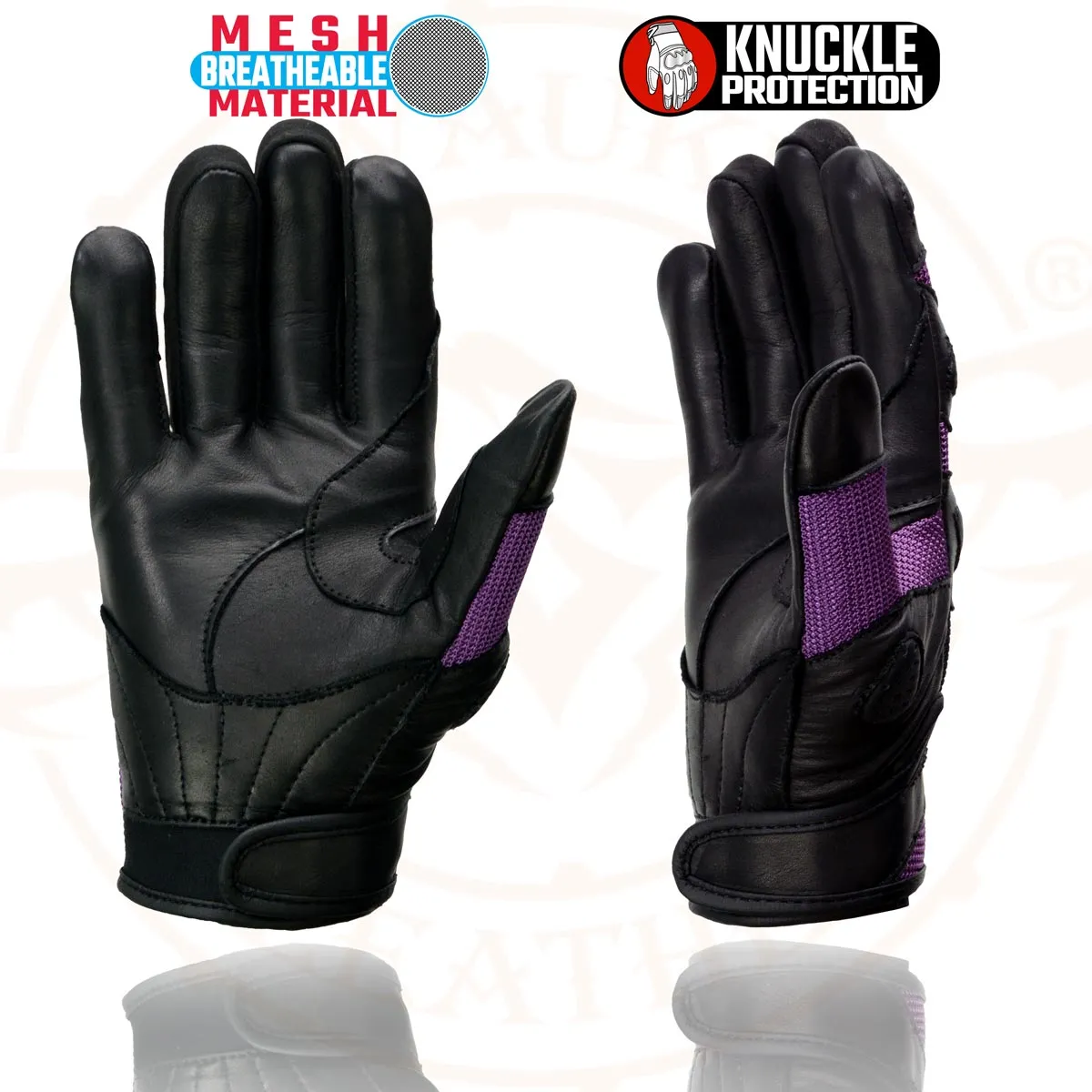 Milwaukee Leather SH802 Women's Black and Purple Leather with Mesh Combo Racing Gloves