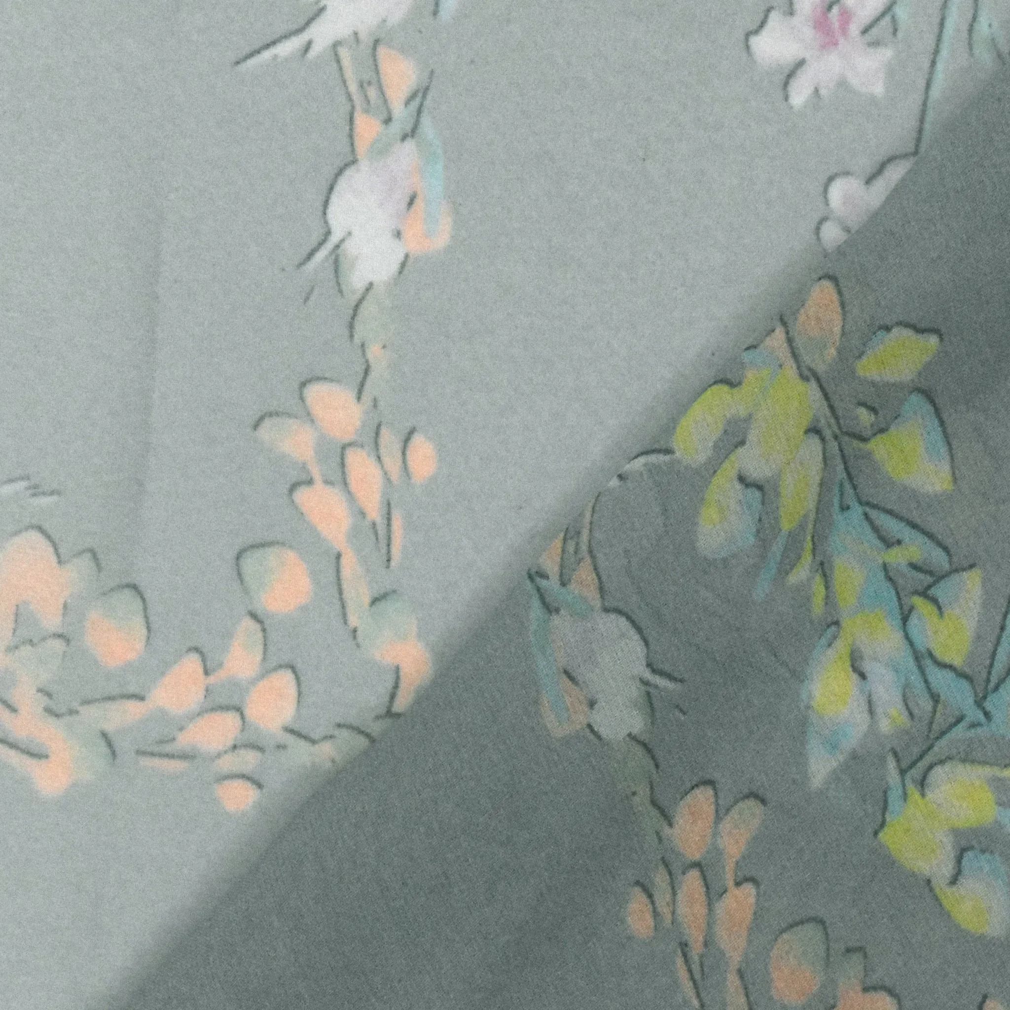 Mist Teal-Orange-Multi Floral Frame Border Printed Silk Chiffon Fabric