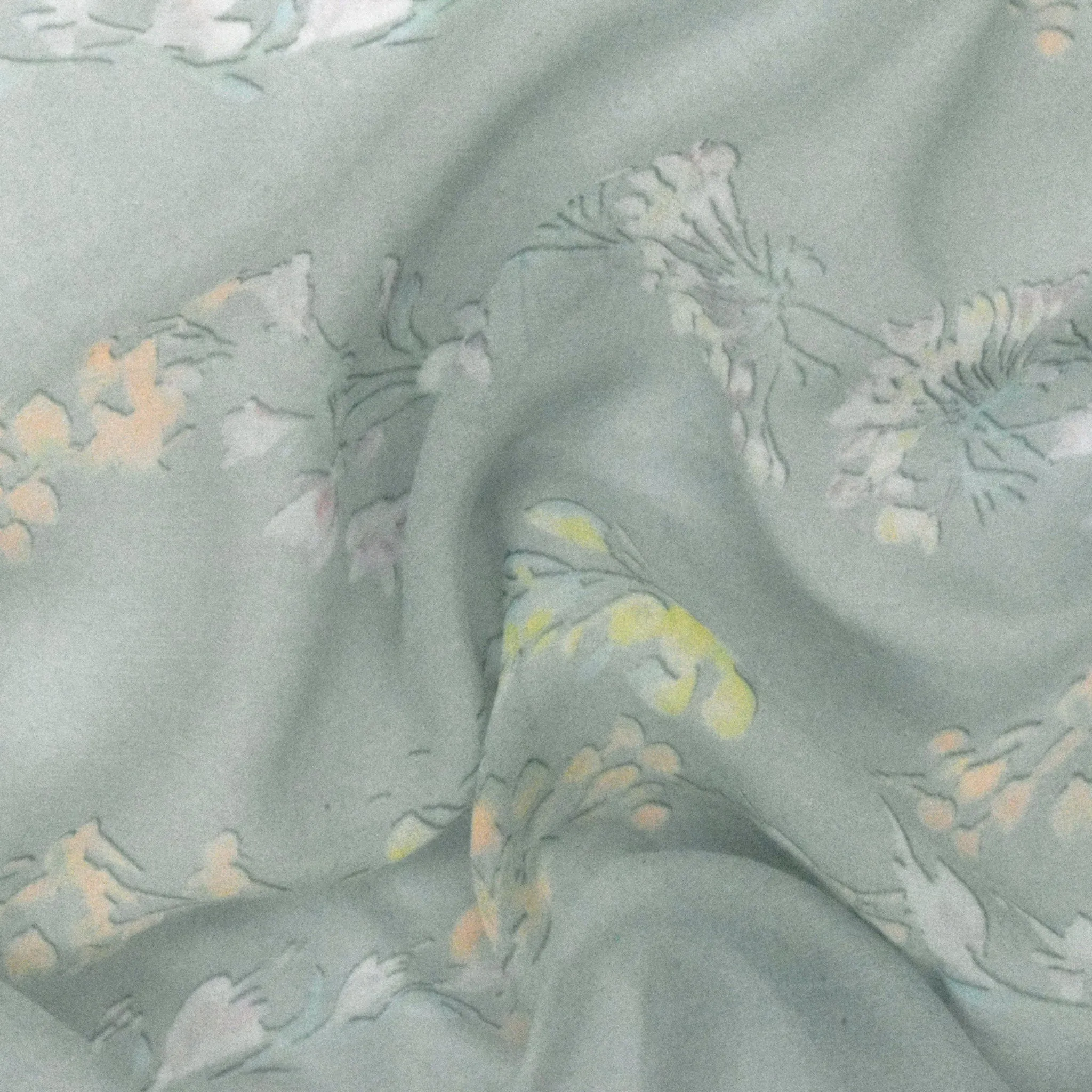 Mist Teal-Orange-Multi Floral Frame Border Printed Silk Chiffon Fabric