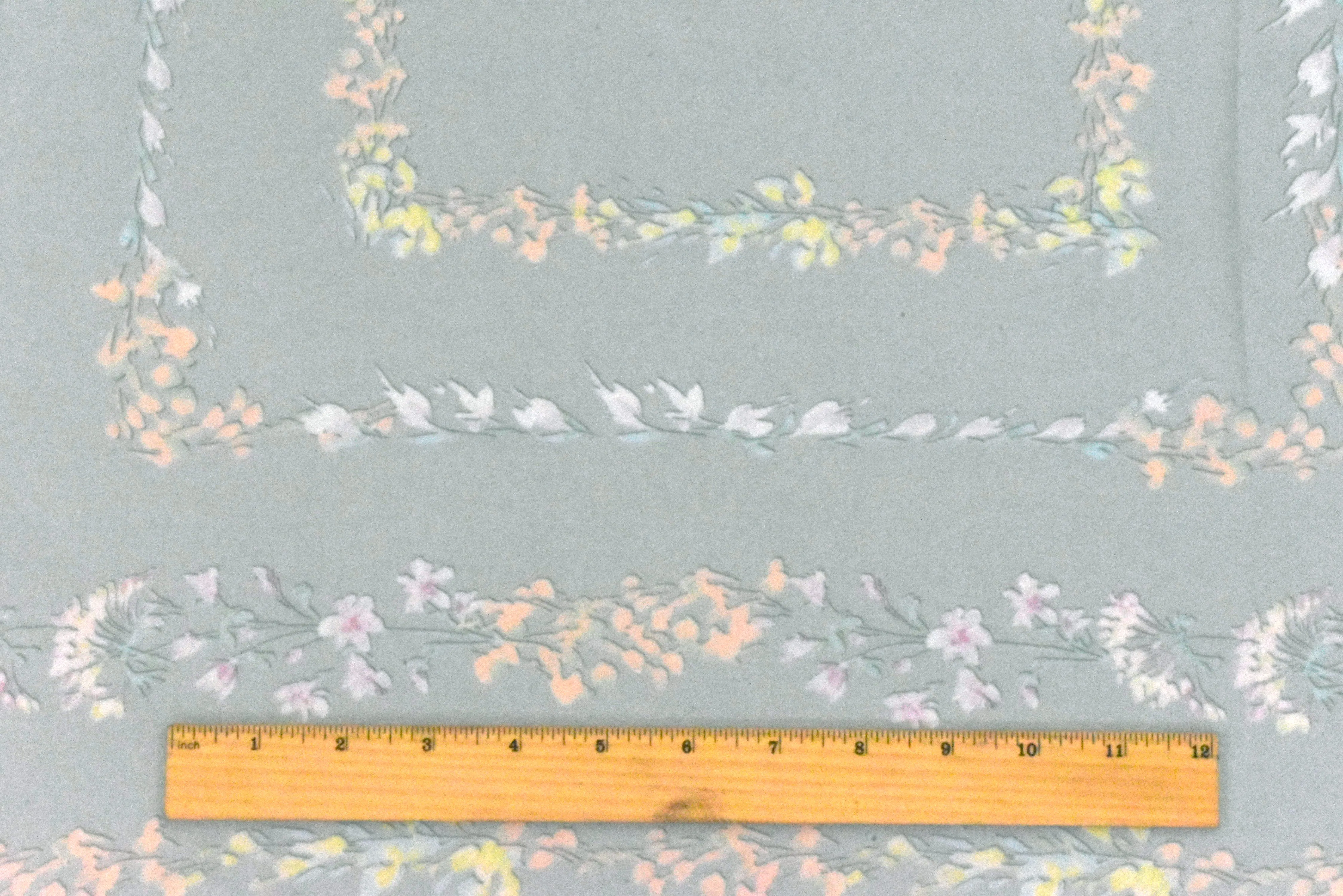 Mist Teal-Orange-Multi Floral Frame Border Printed Silk Chiffon Fabric