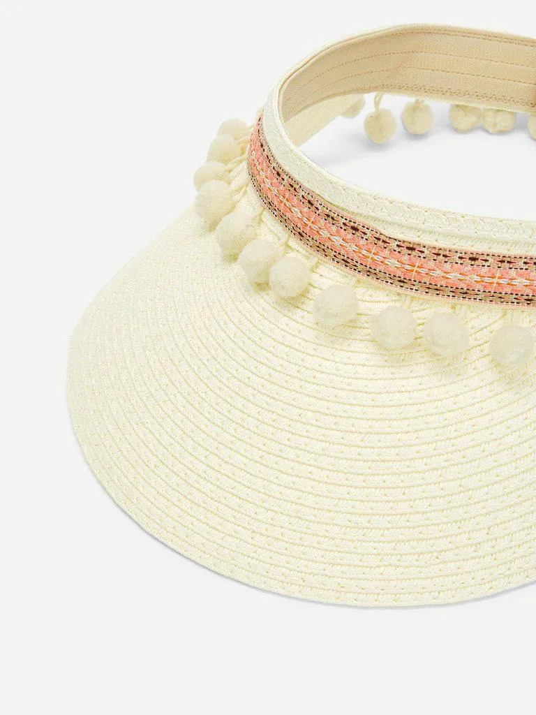 Pom Pom Trim Straw Visor Hat