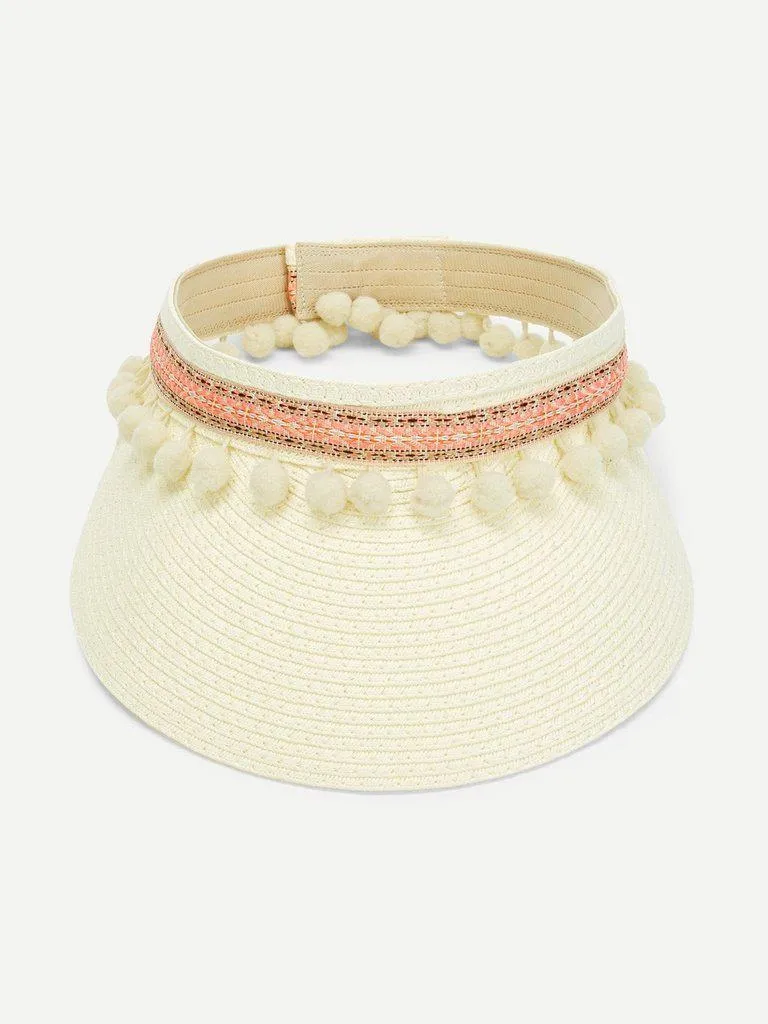 Pom Pom Trim Straw Visor Hat