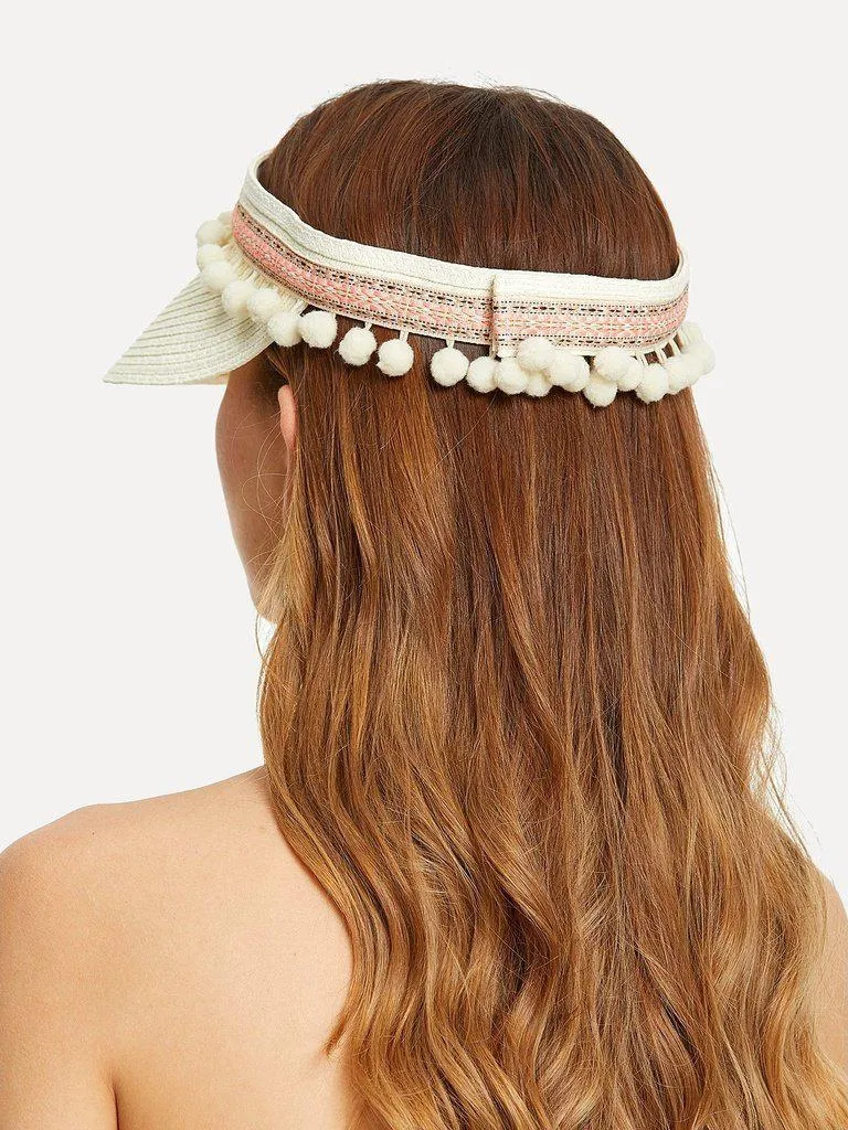 Pom Pom Trim Straw Visor Hat