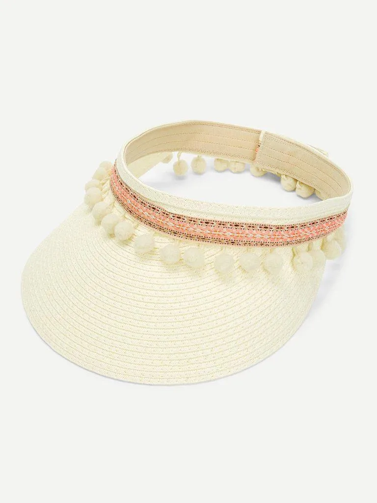 Pom Pom Trim Straw Visor Hat