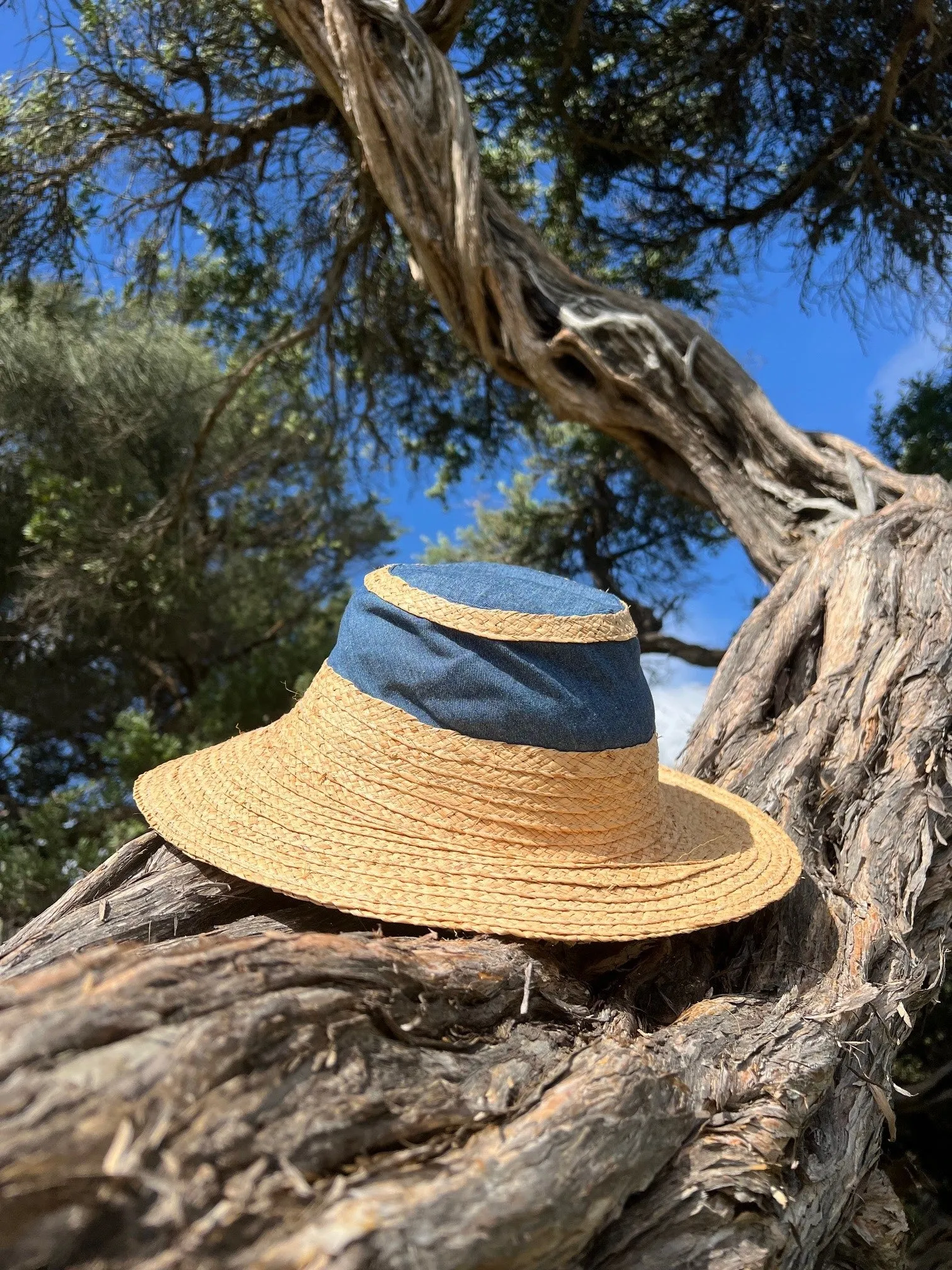 Raffia Brimmed Travel Hat in Denim