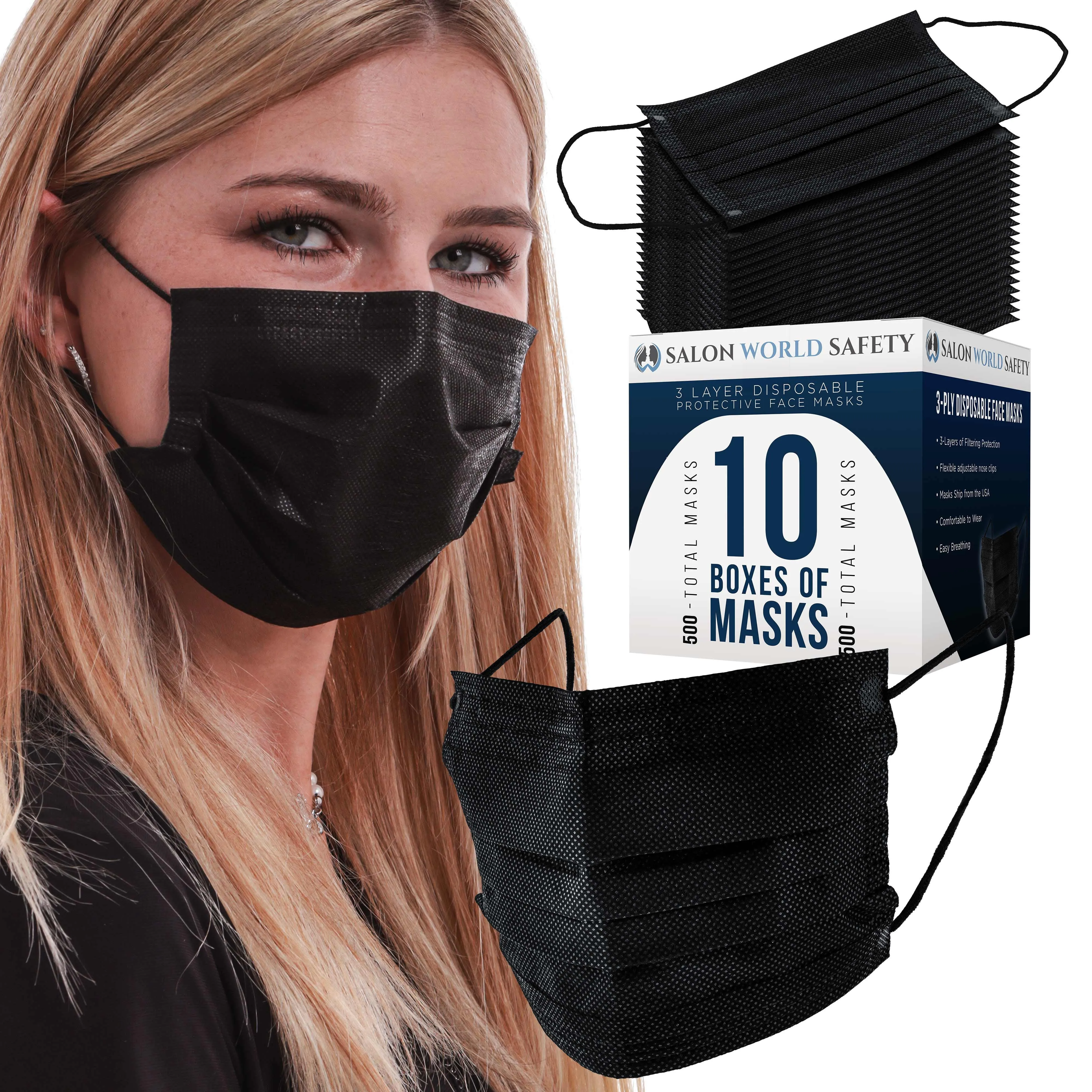 Salon World Safety - Black Face Masks 10 Boxes (500 Masks) Breathable Disposable 3-Ply Protective PPE with Nose Clip and Ear Loops